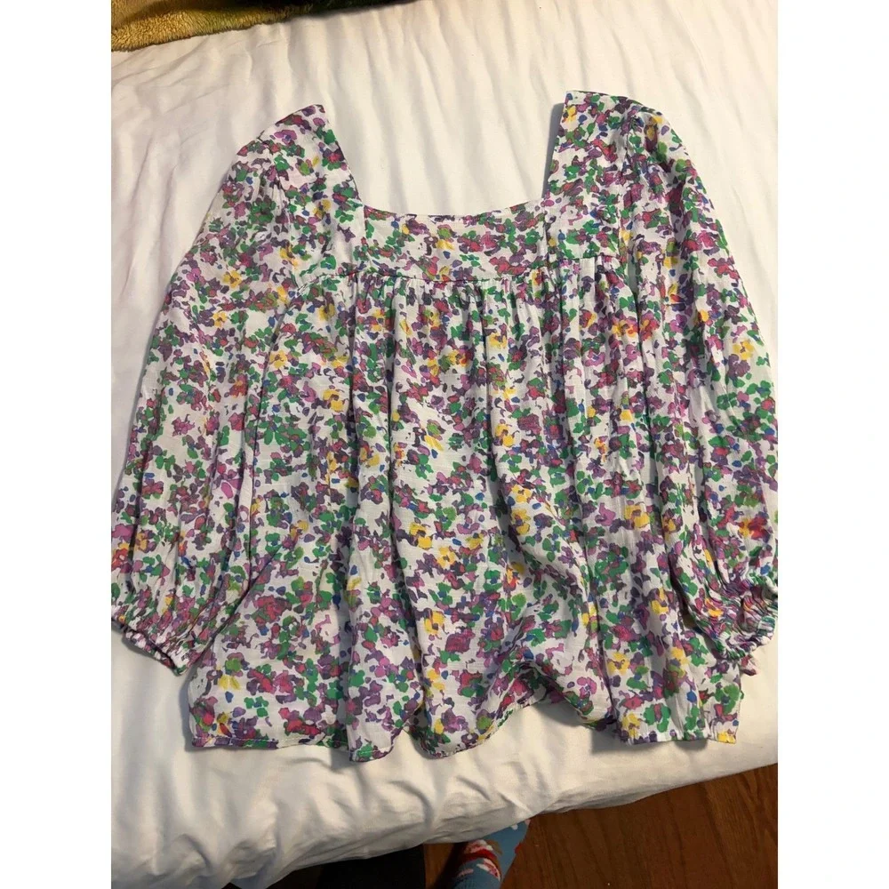 Hope & Harlow Floral Babydoll Top Womens Medium Multi-Color Lace Square Neck 3/4